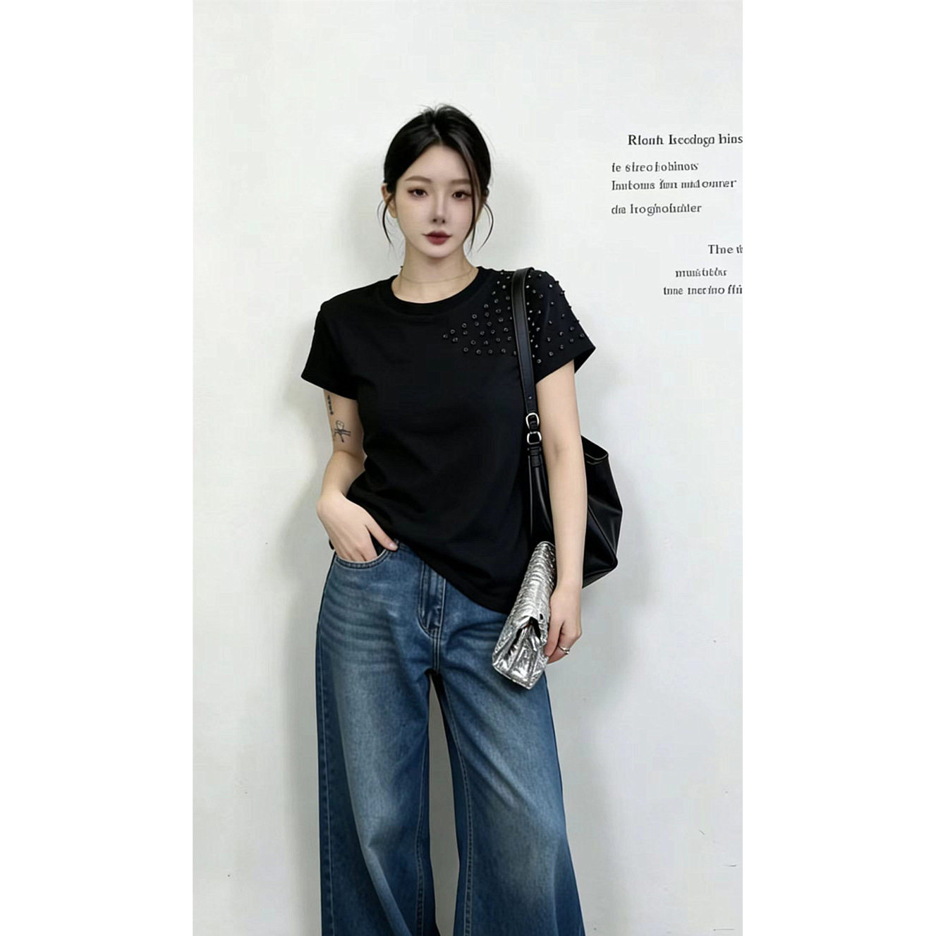 欧货百搭时尚柳丁短袖重工T恤女2026夏季新款显瘦修身圆领上衣