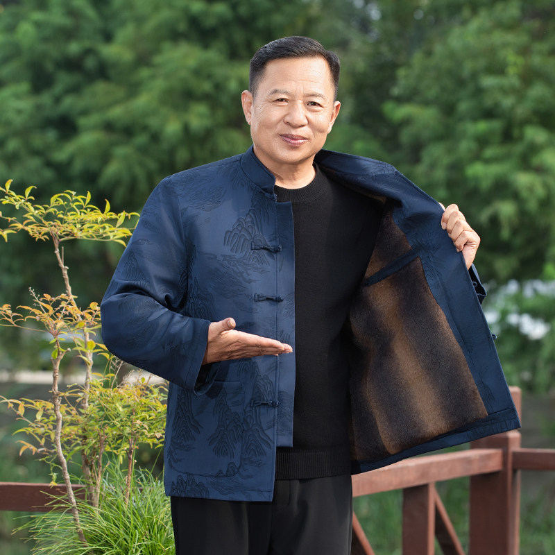 冬季唐装男加绒加厚爸爸棉袄外套套装中国风中老年人爷爷生日棉服