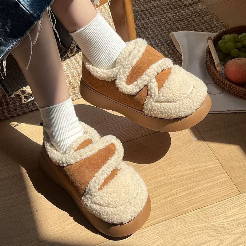 新款冬季棉拖鞋女面包鞋外穿魔术贴保暖居家防滑舒适加绒包跟棉鞋