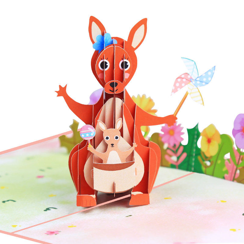 创意61儿童节礼物可爱动物袋鼠宝宝小卡片生日祝福礼物3d立体贺卡