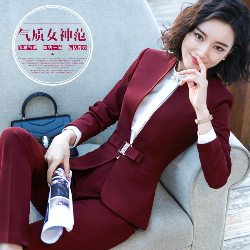 秋冬新款时尚职业装女装套装OL气质名媛红色西服正装珠宝店工作服