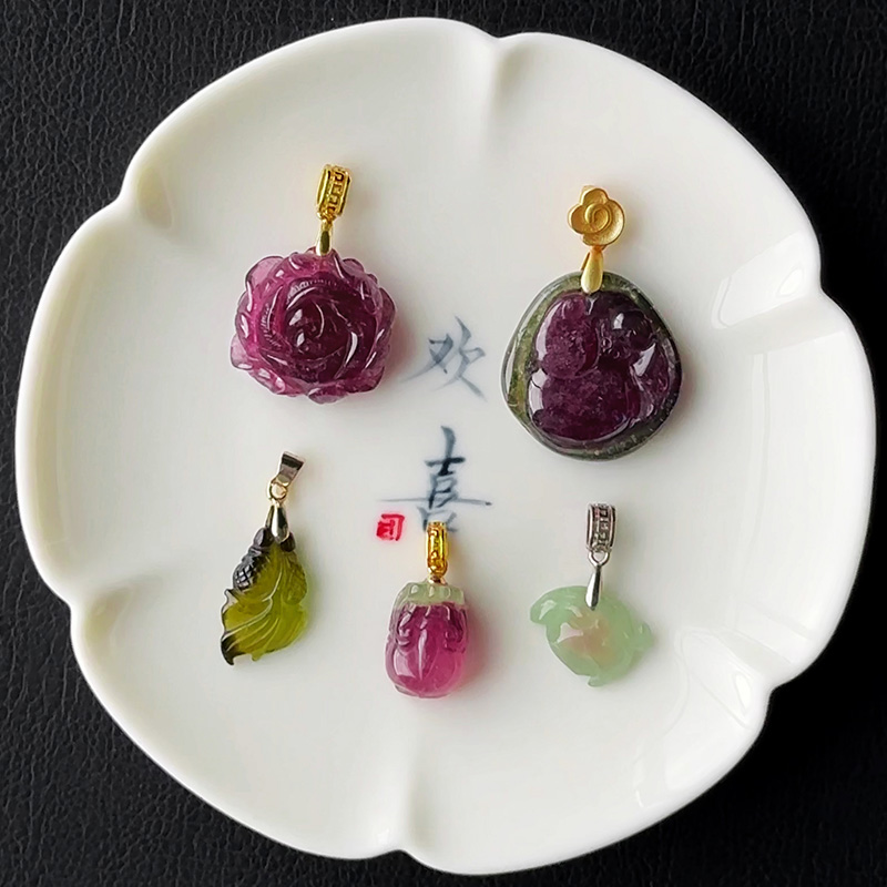 西瓜水晶雕刻碧玺毛衣链吊坠