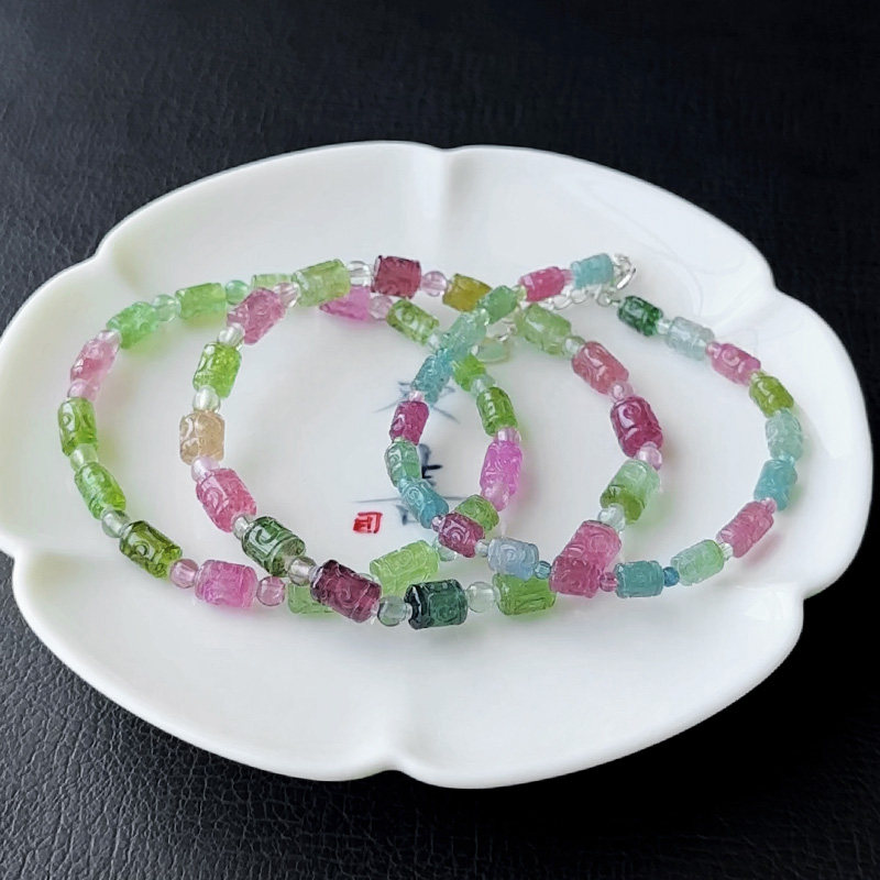 国潮风西瓜蓝碧玺回纹手链玻璃体亮彩单圈手串精致雕刻彩虹饰品女