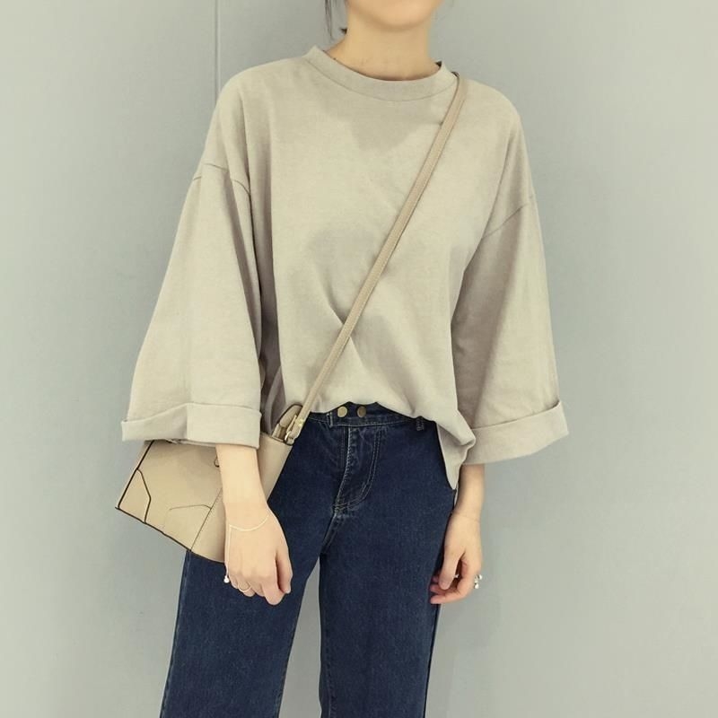 中长袖t恤女学生韩版七分袖bf宽松夏季百搭宽袖上衣纯色