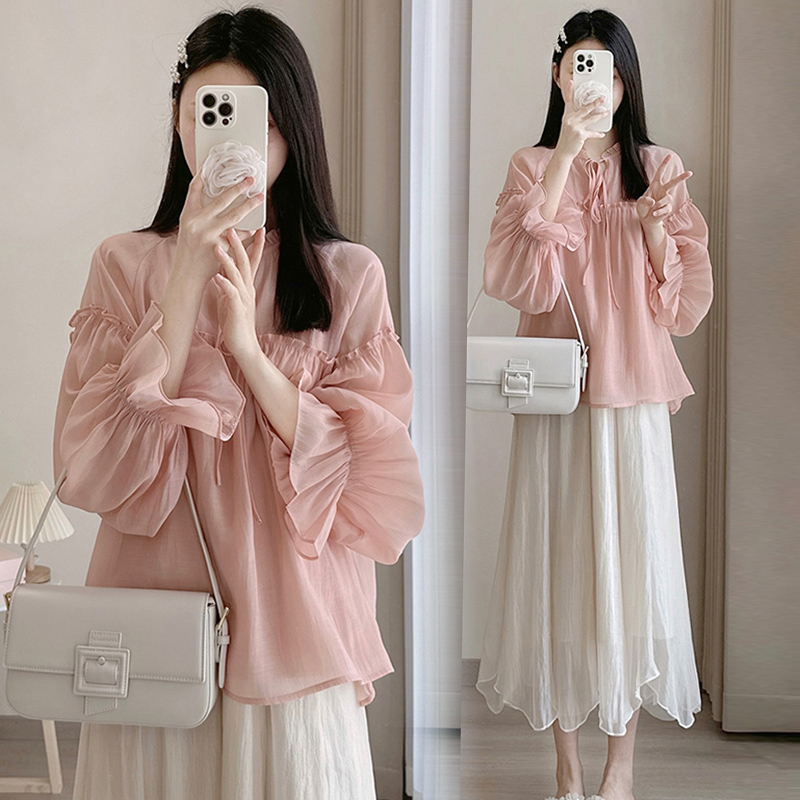 孕妇装套装2023夏季新款气质泡泡袖衬衫托腹半身连衣裙法式两件套