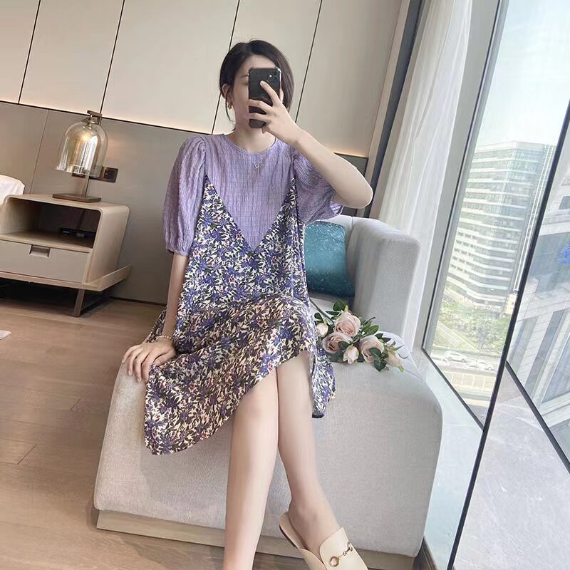 MATERNITY CLOTHES SUMMER TIDE MOM PREGNANCY GOING OUT LOOSE PLUS SIZE AGE REDUCTION FLORAL CHIFFON STITCHING FAKE TWO DRESSES