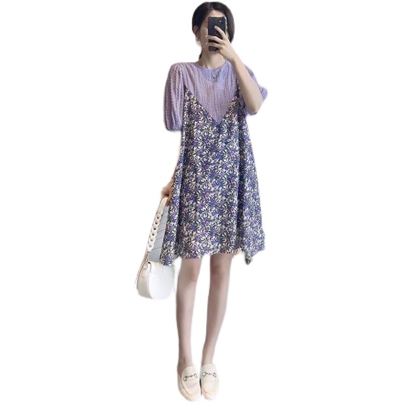 MATERNITY CLOTHES SUMMER TIDE MOM PREGNANCY GOING OUT LOOSE PLUS SIZE AGE REDUCTION FLORAL CHIFFON STITCHING FAKE TWO DRESSES