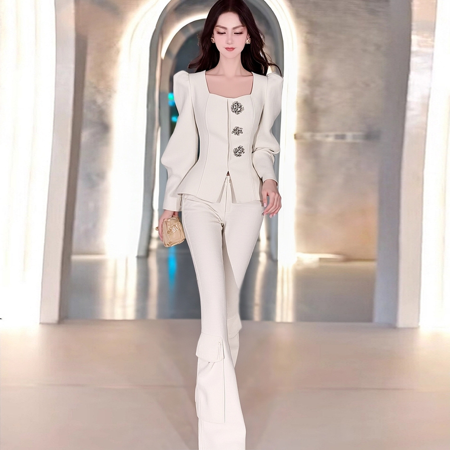 小香风白色西装时尚套装女秋冬装新款高级感气质收腰毛呢外套长裤,女装/女士精品,时尚套装,淘宝优惠券,粉丝福利购,淘宝优惠卷