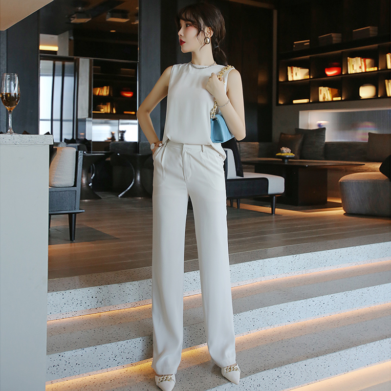白色气质时尚职业套装2025夏装新款无袖雪纺衫阔腿长裤两件套女