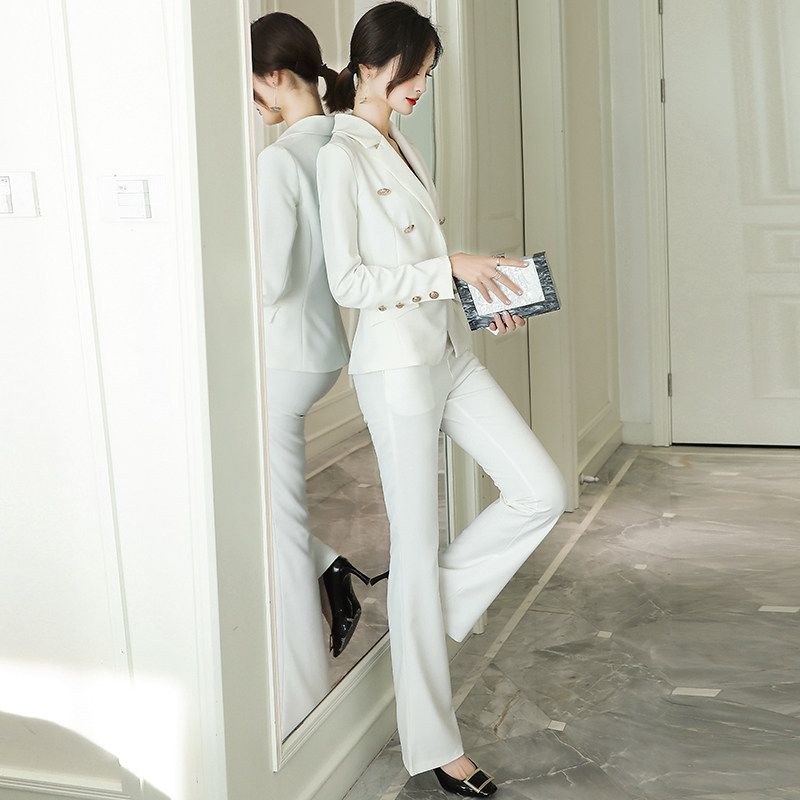 2025秋装新款通勤气质职业白色小西装外套微喇长裤两件套套装女,女装/女士精品,时尚套装,淘宝优惠券,粉丝福利购,淘宝优惠卷