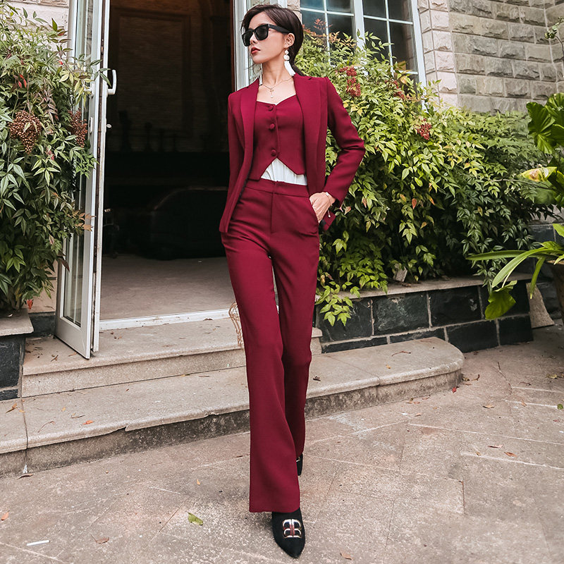 2025新款名媛风高腰微喇叭女裤套装韩版显瘦小西装假两件套职业装