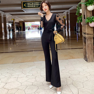 新款 连衣裤 欧洲站时尚 微喇长裤 女 气质显瘦网纱拼接高腰连体裤 夏装