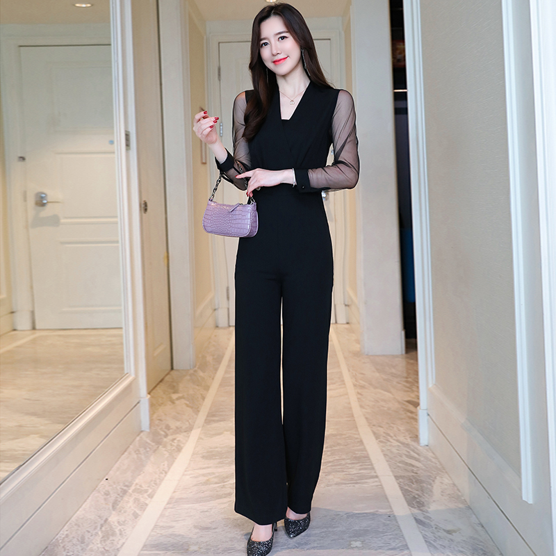 夏装2025新款修身显瘦阔腿连体裤女名媛风气质网纱拼接高腰连衣裤