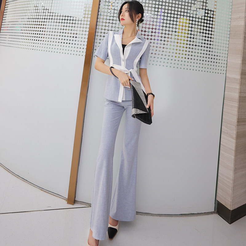 洋气时尚职业装女裤套装2025夏季新款显瘦小西装时髦喇叭裤两件套