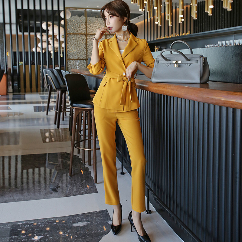 黄色欧货时尚套装女2025新款洋气减龄小西装小脚长裤职业装两件套,女装/女士精品,时尚套装,淘宝优惠券,粉丝福利购,淘宝优惠卷