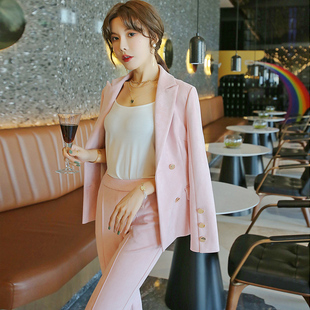 微喇阔腿长裤 粉色减龄气质职业套装 显瘦收腰小西装 新款 女 2025秋装