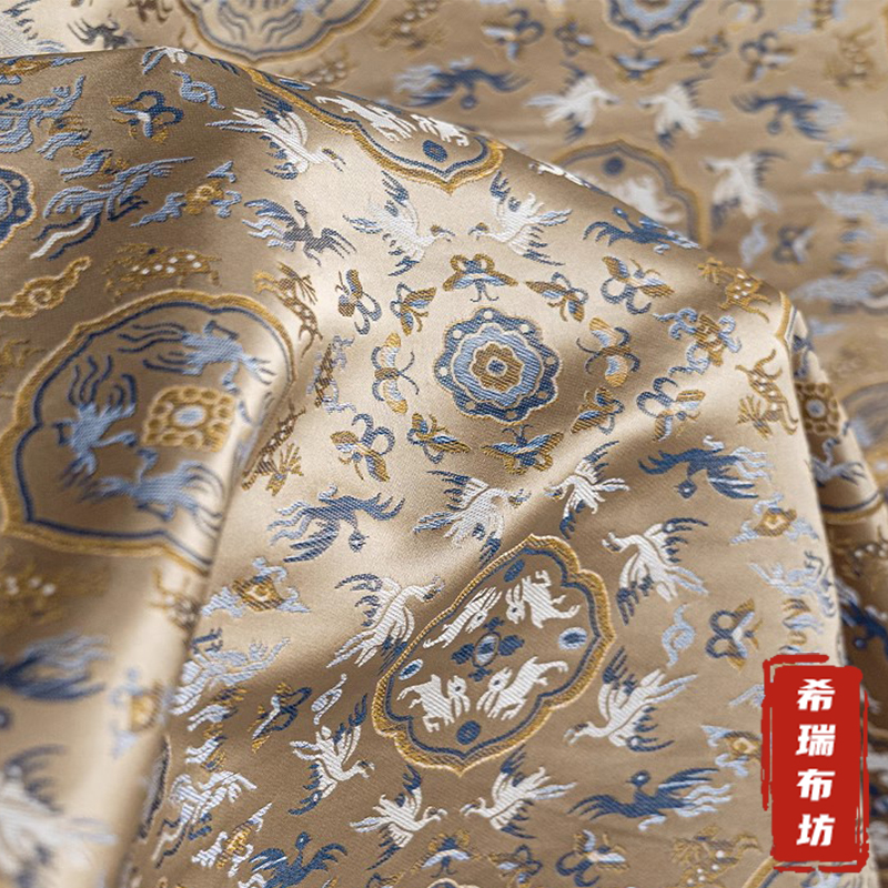 鹤鹿同春提花织锦缎面料 高端真丝肌理顺滑垂坠宋锦旗袍汉服布料