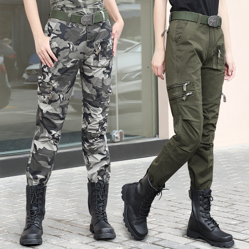 户外运动休闲迷彩裤女弹力修身显瘦军绿工装裤纯棉多口袋登山裤潮