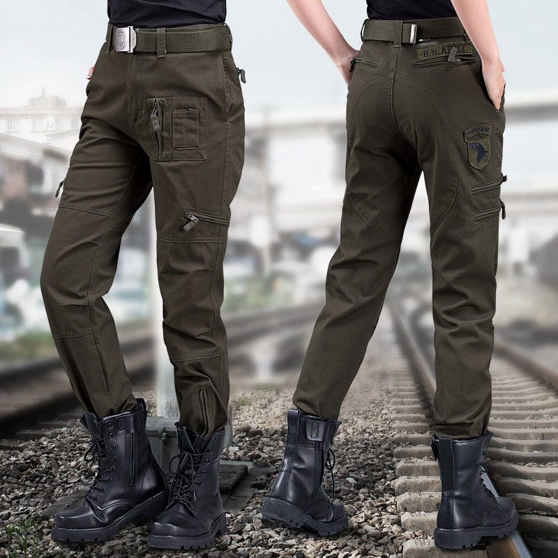 户外运动迷彩工装裤女春夏款纯棉军绿色休闲宽松显瘦女军迷登山裤