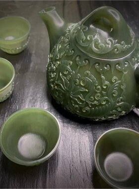 *吉祥玉易坊*青玉山料  痕都斯坦风格  缠枝莲花茶壶一套 摆件