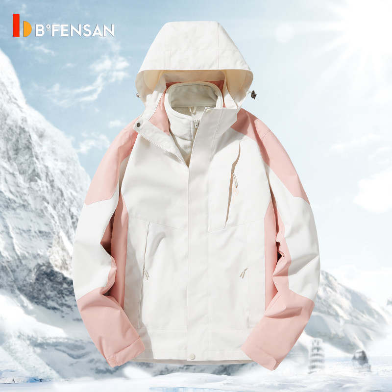 波梵森2023秋冬新款三合一户外冲锋衣女加绒厚款防水登山服外套男