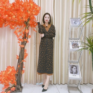 A058灰黄豹纹真门襟假两件复古气质秋冬针织连衣裙