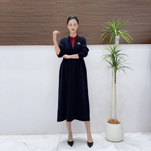 A243藏青色小蜜蜂气质秋冬轻奢针织连衣裙时尚复古时尚长裙玥玥羊