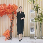 羊毛设计师秋冬长款 A054黑色领巾菠萝针长袖 设计款 轻奢针织