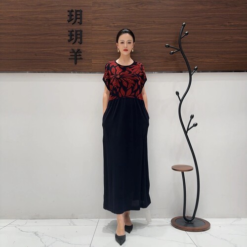 A424蓝橘红拼色针织连衣裙收腰显瘦设计师优雅时尚气质复古玥玥羊