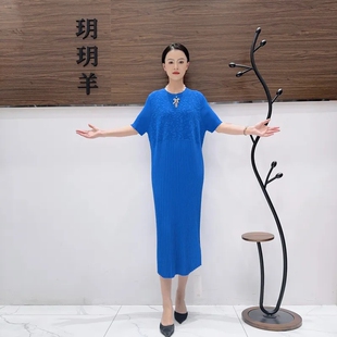 A557蓝色针织连衣裙收腰显瘦设计师优雅时尚气质复古夏季玥玥羊