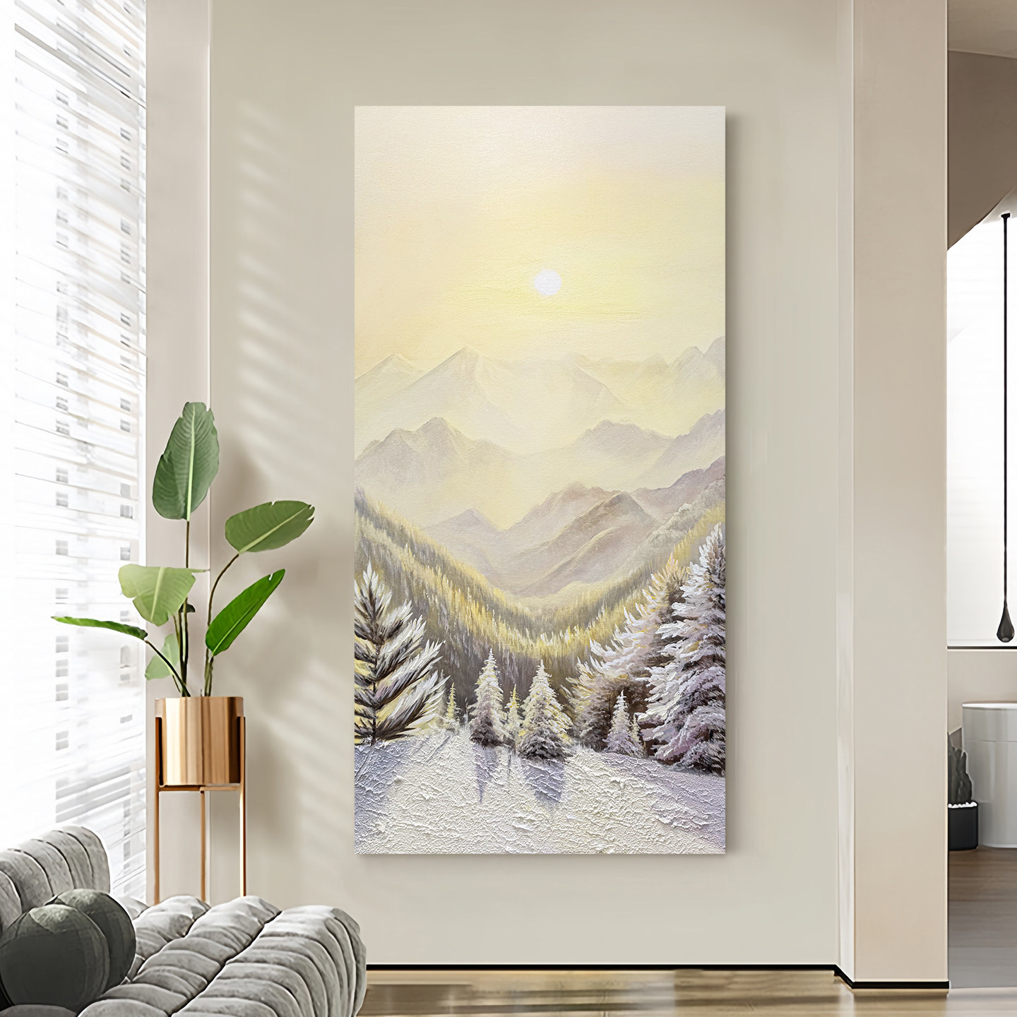 《晴雪朝晖》现代简约风玄关入户迎福装饰画雪景招财艺术小众挂画