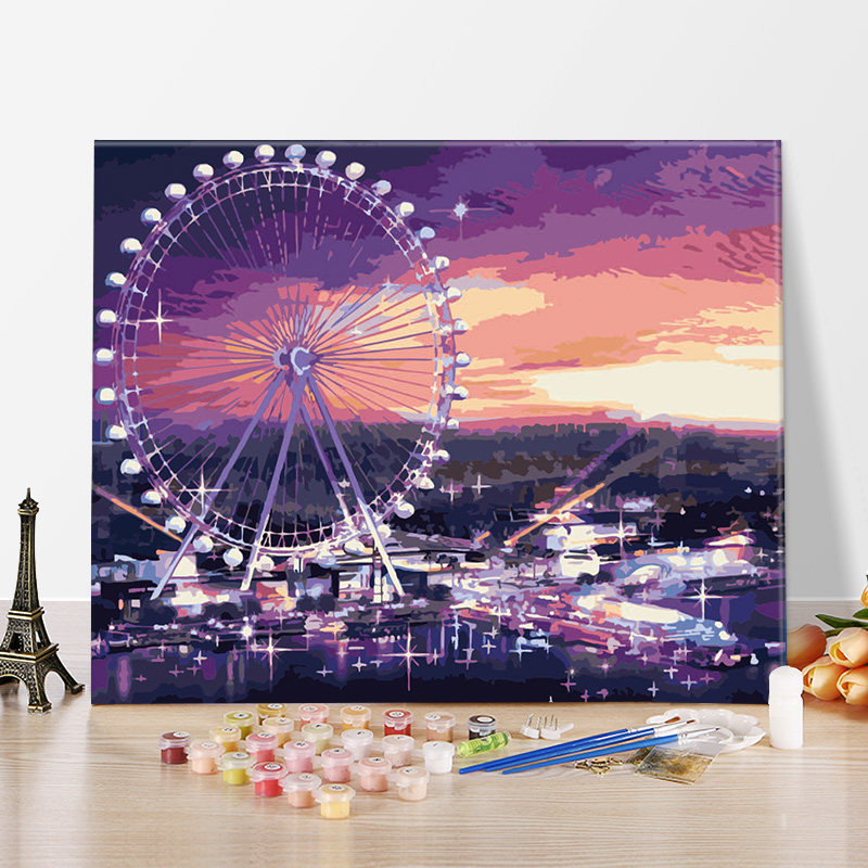 加厚实木内框diy数字油彩画现代简约手工填色画手绘画梦幻摩天轮
