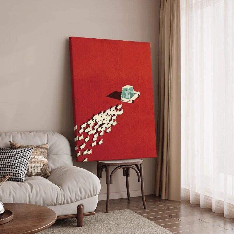 抽象小众羊群简约高级感卧室书房背景墙挂画卡通艺术感玄关装饰画