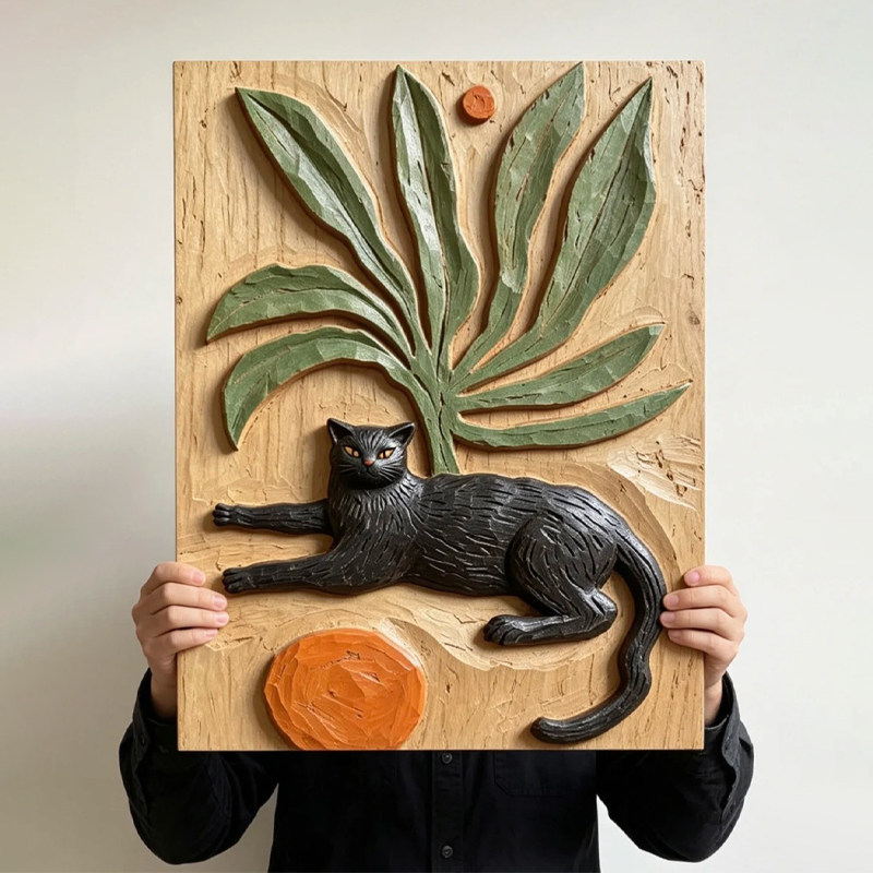 黑猫绿植仿木雕装饰画小众室内软装挂画客厅背景入户玄关艺术壁画