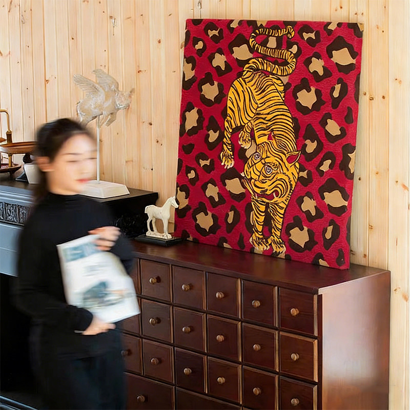 中古风老虎客厅装饰画艺术餐厅壁画虎虎生威复古卧室高级感挂画