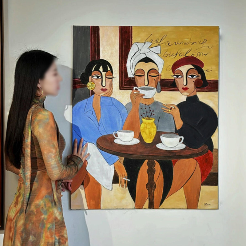 复古抽象人物咖啡时光装饰画中古风客厅玄关走廊壁画餐厅艺术挂画