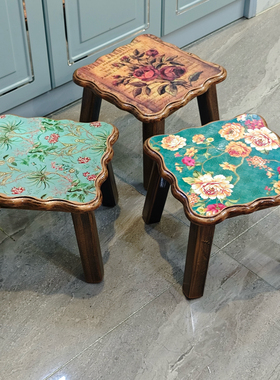 美式复古家用矮凳欧式实木方凳田园小板凳儿童换鞋凳新品20厘米高