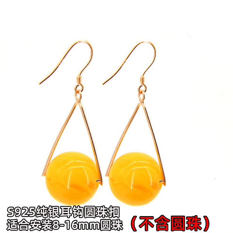 S925纯银吊坠耳扣水晶琥珀扣耳坠银扣耳环DIY圆珠翡翠珠子耳钩扣