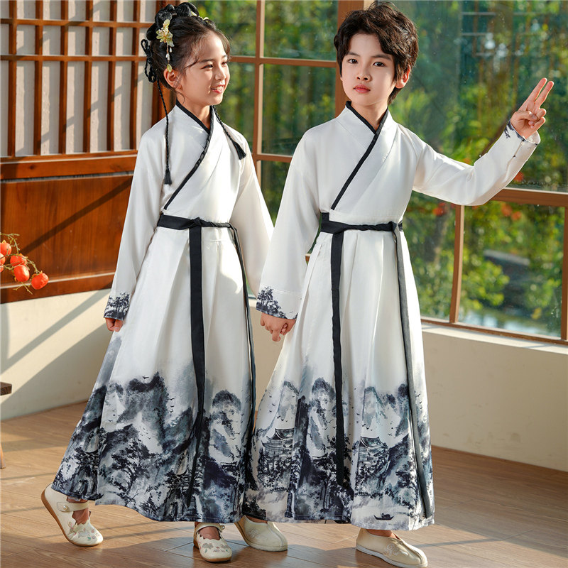 儿童汉服国学表演服小学生开笔礼古装男女童三字经弟子规演出服装