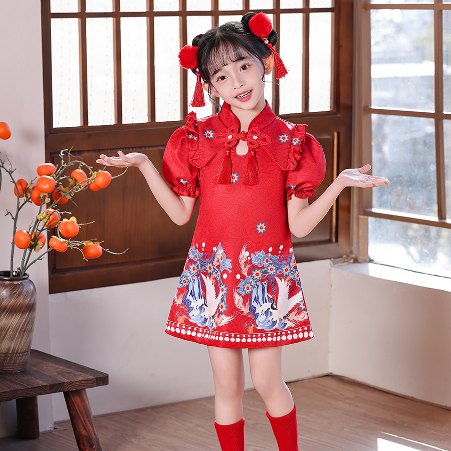 儿童喜庆中国红演出服女童红旗袍舞蹈裙灯笼梦娃太平鼓元日表演服