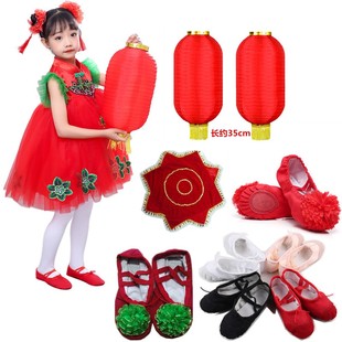 儿童舞蹈演出专用舞蹈鞋帆布拉丁舞鞋表演舞台鞋猫爪鞋红灯笼手绢