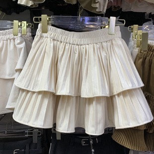 超仙百褶荷叶边半身裙女夏季 高腰纯色百搭双层蛋糕防走光短裙 新款
