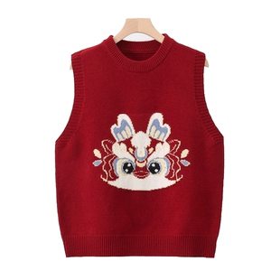 新中式国风针织背心马甲女外搭春秋2025年圆领宽松叠穿毛衣坎肩潮