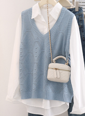初秋薄款时尚镂空针织马甲女罩衫网衫外搭上衣宽松叠穿小坎肩背心