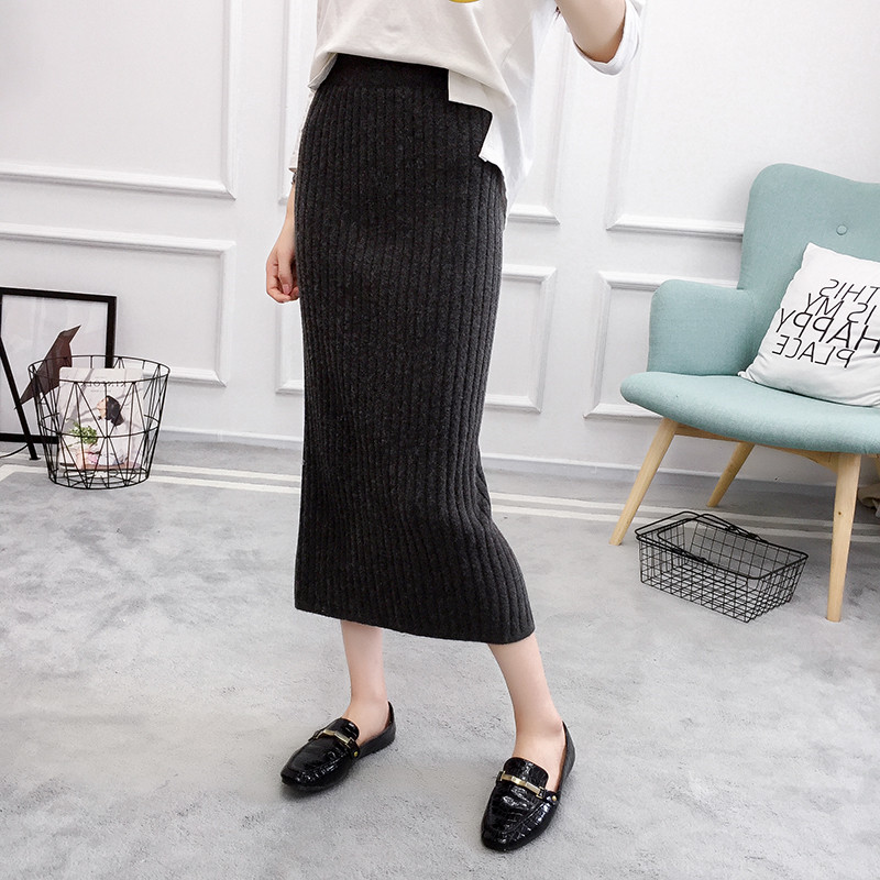 韩版2021女秋冬高腰中长款毛线裙子加厚开叉针织一步包臀裙半身裙