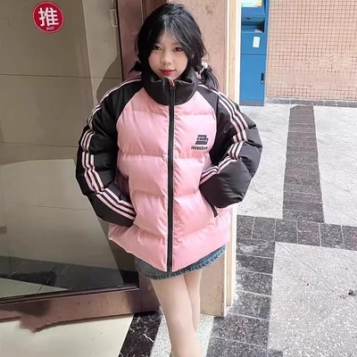 设计感拼接三条杠立领棉衣