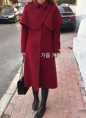 反季2025年春季韩国斗篷两件套中长款红色双面羊绒大衣羊毛外套女