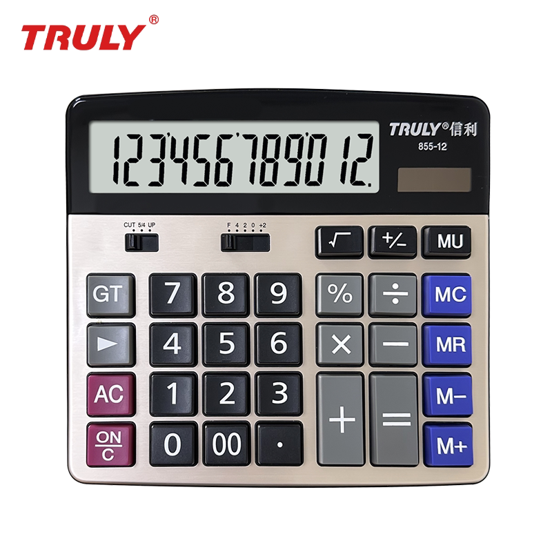 TRULY信利855-12商务办公计算器金属面板电脑按键太阳能 大屏幕大按键财务会计计算机桌面台式12位数 商超用