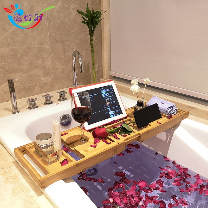 竹制浴缸架伸缩浴缸泡澡红酒托盘支架多功能平板手机架浴缸置物架
