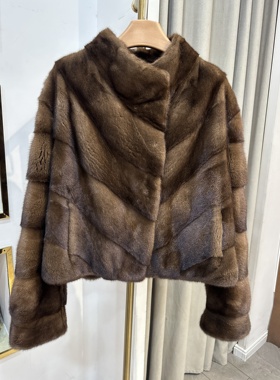 2025新款进口天鹅绒水貂皮草外套立领全挖削横排貂皮大衣女士整貂